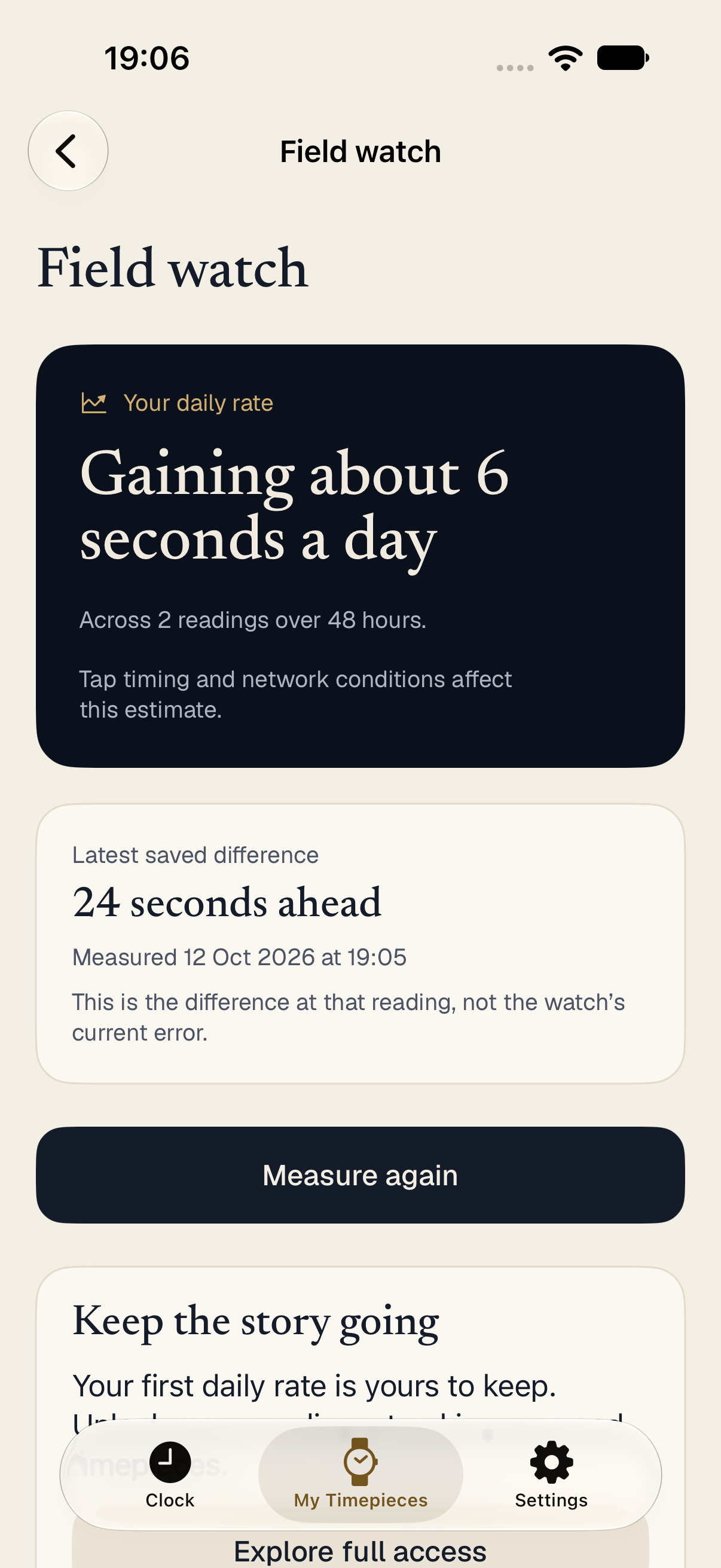 A sample watch result: gaining about 6 seconds a day across two readings over 48 hours, with the latest saved difference shown separately.